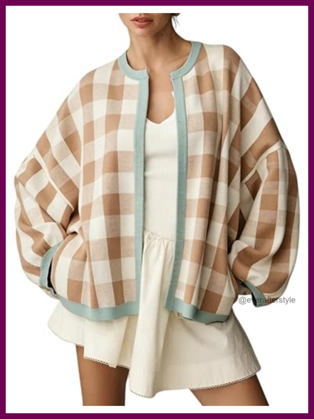 Loose Fit Gingham Knit Open Front Cardigan Balloon Sleeve Sweater